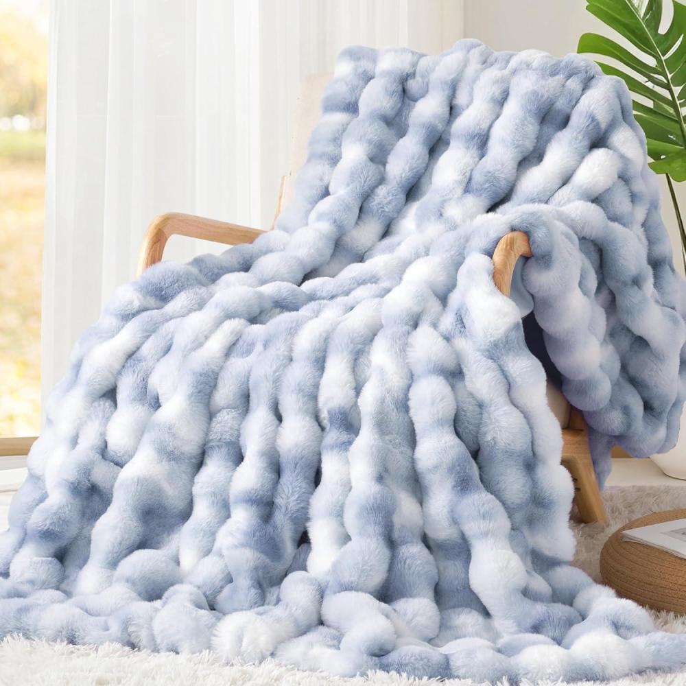 imageTouchat Luxury 1000GSM Faux Rabbit Fur Throw Blanket Super Heavy Warm Cozy Grey Blankets for Couch Bed Sofa Ruched Plush Fuzzy Elegant Soft Reversible Mink Blanket for Living Room Bedroom BlueTdblue