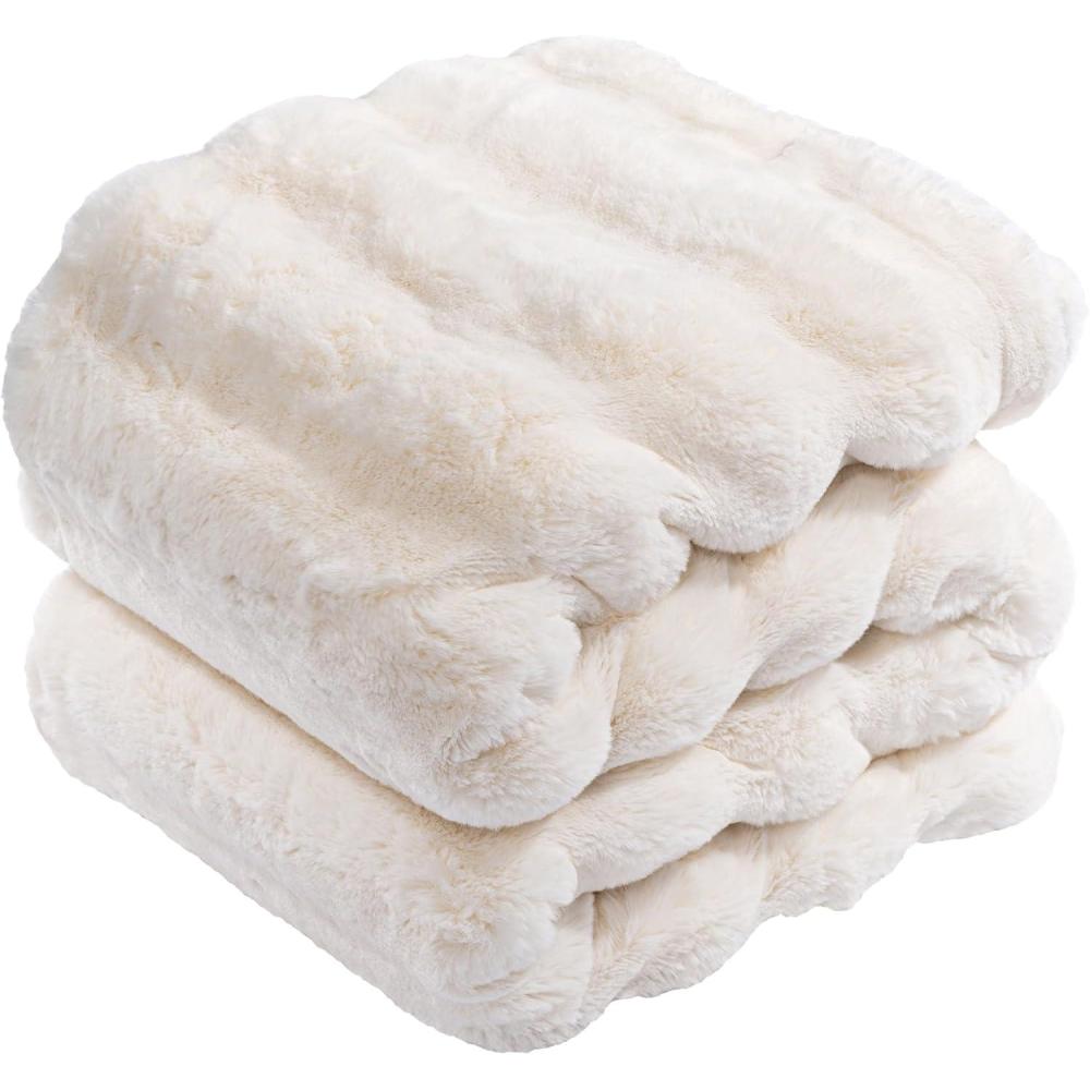 imageTouchat Luxury Faux Rabbit Fur Throw Blanket for CouchSuper Heavy Warm Cozy Fuzzy Blanket for Sofa Bedroom Living RoomUltra Soft Fluffy Reversible Plush Blanket for Home Decor GiftsCream WhiteCream Whitea