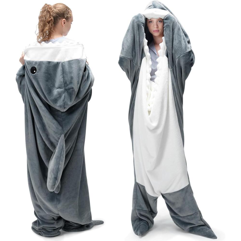 imageTouchat Shark Blanket for Adult Super Soft Cozy Flannel Wearable Blanket Cartoon Animals Hoodie Sleeping Bag Cosplay Costume Blanket Gifts for Shark Lovers Pink Starfish MGrey
