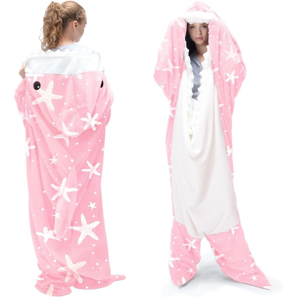 imageTouchat Shark Blanket for Adult Super Soft Cozy Flannel Wearable Blanket Cartoon Animals Hoodie Sleeping Bag Cosplay Costume Blanket Gifts for Shark Lovers Pink Starfish MPstarfish