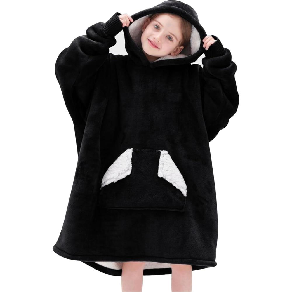 imageTouchat Wearable Blanket Hoodie Oversized Sherpa Blanket Sweatshirt with Hood Pocket and Sleeves Super Soft Warm Plush Hooded Blanket for Kids One Size Fits All BeigeBlack