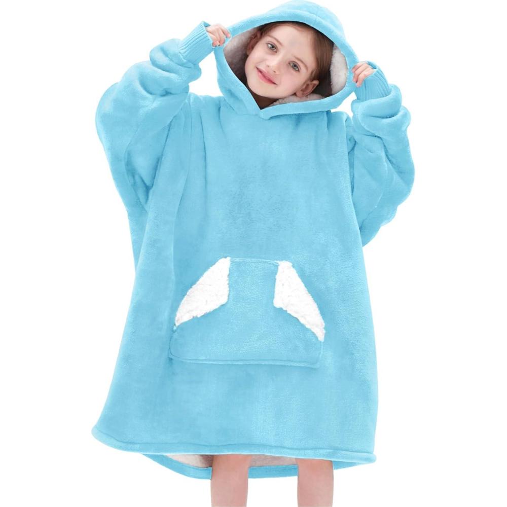 imageTouchat Wearable Blanket Hoodie Oversized Sherpa Blanket Sweatshirt with Hood Pocket and Sleeves Super Soft Warm Plush Hooded Blanket for Kids One Size Fits All BeigeBlue