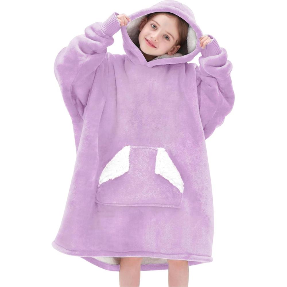 imageTouchat Wearable Blanket Hoodie Oversized Sherpa Blanket Sweatshirt with Hood Pocket and Sleeves Super Soft Warm Plush Hooded Blanket for Kids One Size Fits All BeigePurple