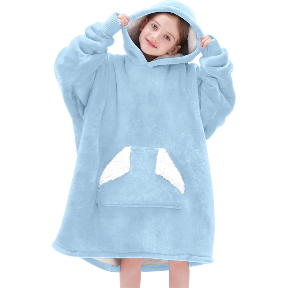 imageTouchat Wearable Blanket Hoodie Oversized Sherpa Blanket Sweatshirt with Hood Pocket and Sleeves Super Soft Warm Plush Hooded Blanket for Kids One Size Fits All BeigeAiry Blue