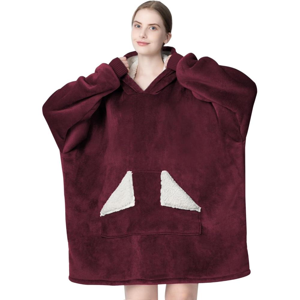 imageTouchat Wearable Blanket Hoodie Oversized Sherpa Fleece Sweatshirt Blanket with Giant Hood Pocket and Sleeves for Adult Warm ampamp Cozy Grey Blanket Gifts for WomenWine