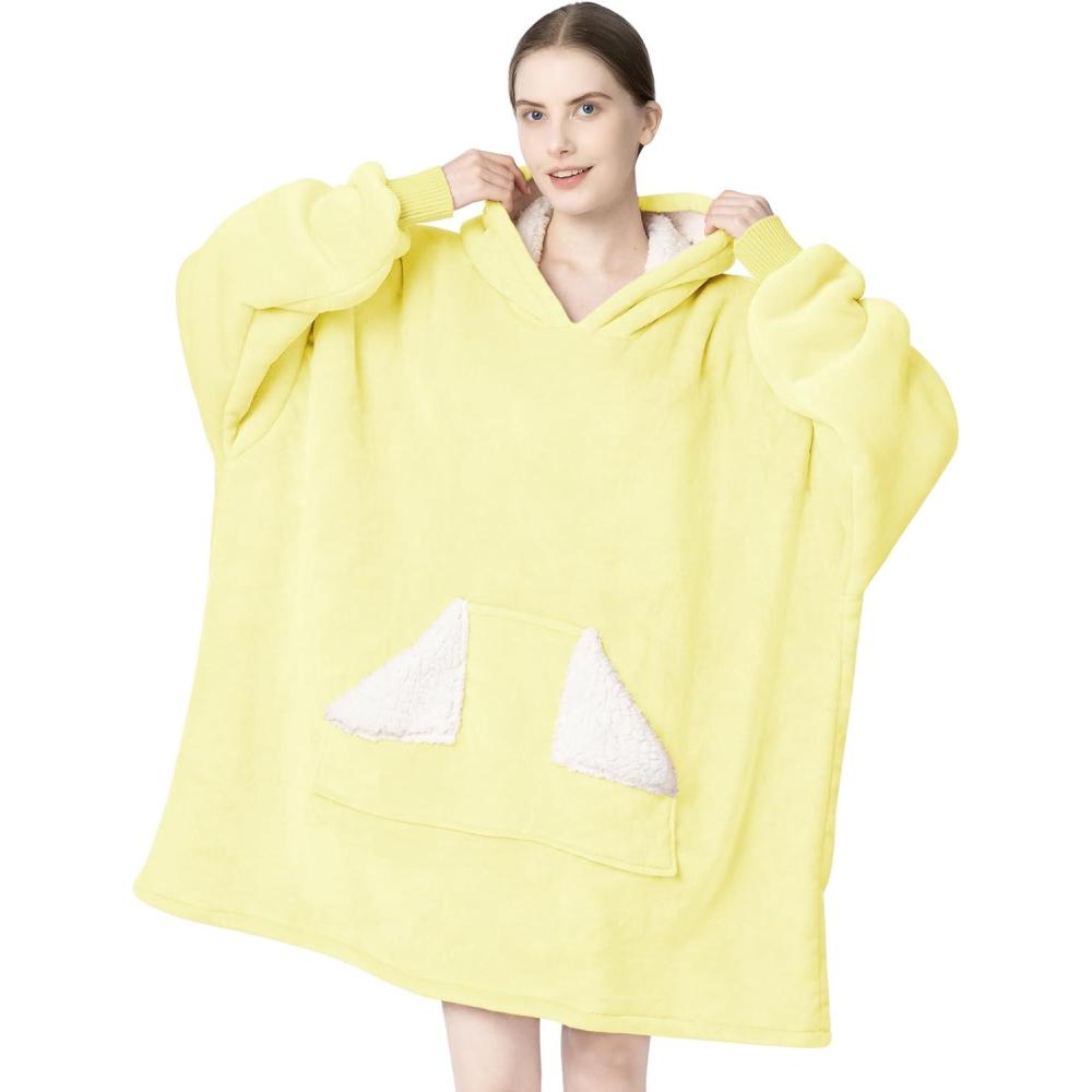 imageTouchat Wearable Blanket Hoodie Oversized Sherpa Fleece Sweatshirt Blanket with Giant Hood Pocket and Sleeves for Adult Warm ampamp Cozy Grey Blanket Gifts for WomenLemon Yellow