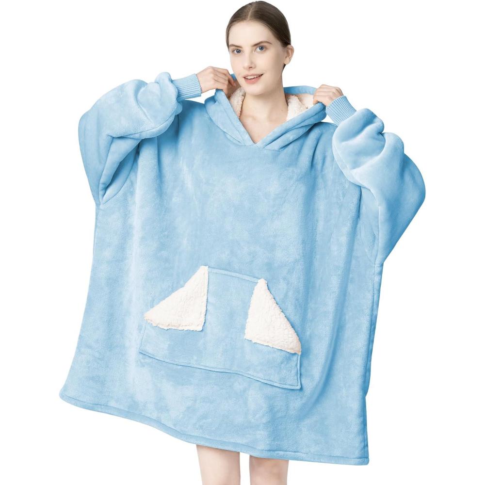 imageTouchat Wearable Blanket Hoodie Oversized Sherpa Fleece Sweatshirt Blanket with Giant Hood Pocket and Sleeves for Adult Warm ampamp Cozy Grey Blanket Gifts for WomenSky Blue