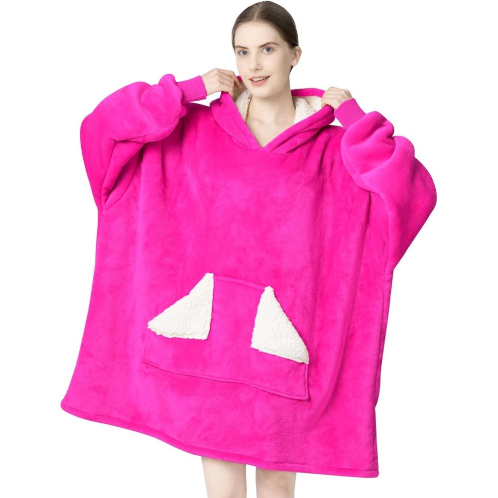 imageTouchat Wearable Blanket Hoodie Oversized Sherpa Fleece Sweatshirt Blanket with Giant Hood Pocket and Sleeves for Adult Warm ampamp Cozy Grey Blanket Gifts for WomenNeon Pink