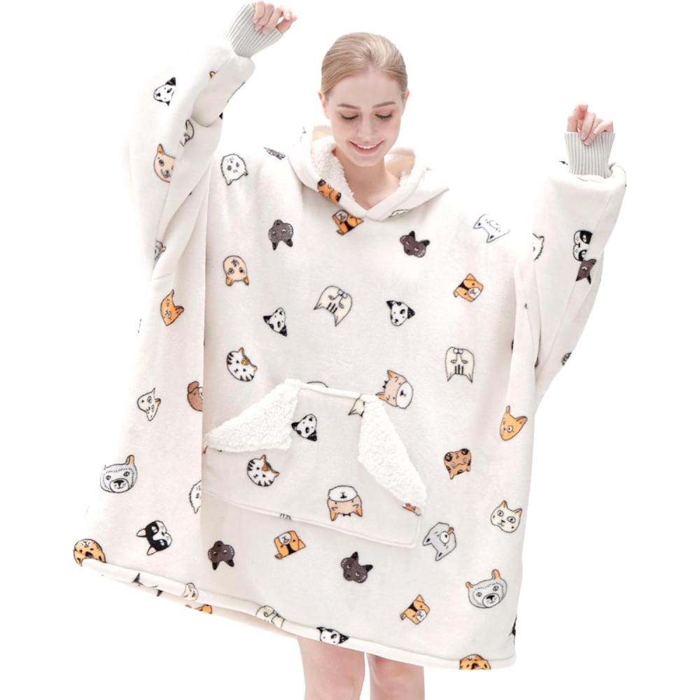imageTouchat Wearable Blanket Hoodie Oversized Sherpa Fleece Sweatshirt Blanket with Giant Hood Pocket and Sleeves for Adult Warm ampamp Cozy Grey Blanket Gifts for WomenWhite Animal
