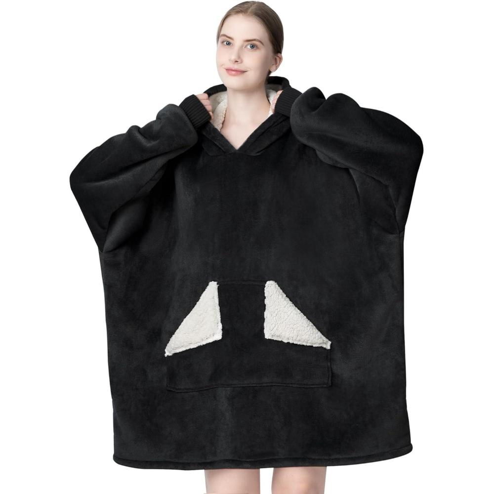 imageTouchat Wearable Blanket Hoodie Oversized Sherpa Fleece Sweatshirt Blanket with Giant Hood Pocket and Sleeves for Adult Warm ampamp Cozy Grey Blanket Gifts for WomenBlack