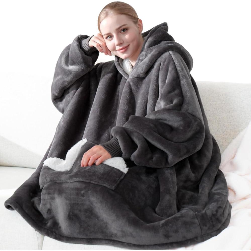 imageTouchat Wearable Blanket Hoodie Oversized Sherpa Fleece Sweatshirt Blanket with Giant Hood Pocket and Sleeves for Adult Warm ampamp Cozy Grey Blanket Gifts for WomenA Grey