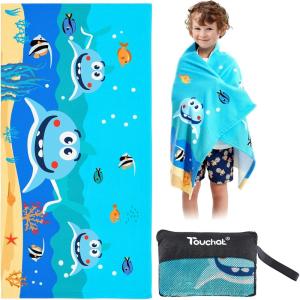 Touchat Beach Towel for Kids, Super Absorbent Quick Dry Cotton Beach Towel 24”x 48”, 300GSM Thick Soft Sand Free Cute Shark Beach Pool Swim Bath Travel Picnic Camping Towel for Boys Girls