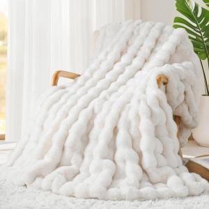 Touchat Luxury 1000GSM Faux Rabbit Fur Throw Blanket, Super Heavy Warm Cozy Grey Blankets for Couch Bed Sofa, Ruched Plush Fuzzy Elegant Soft Reversible Mink Blanket for Living Room Bedroom, Blue(White)