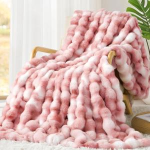 Touchat Luxury 1000GSM Faux Rabbit Fur Throw Blanket, Super Heavy Warm Cozy Grey Blankets for Couch Bed Sofa, Ruched Plush Fuzzy Elegant Soft Reversible Mink Blanket for Living Room Bedroom, Blue(Td Pink)
