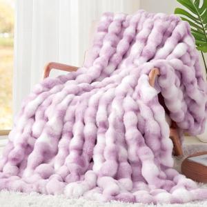 Touchat Luxury 1000GSM Faux Rabbit Fur Throw Blanket, Super Heavy Warm Cozy Grey Blankets for Couch Bed Sofa, Ruched Plush Fuzzy Elegant Soft Reversible Mink Blanket for Living Room Bedroom, Blue(Td Purple)