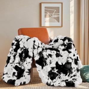 Touchat Luxury 1000GSM Faux Rabbit Fur Throw Blanket, Super Heavy Warm Cozy Grey Blankets for Couch Bed Sofa, Ruched Plush Fuzzy Elegant Soft Reversible Mink Blanket for Living Room Bedroom, Blue(Cow Black)
