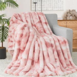 Touchat Luxury Faux Rabbit Fur Throw Blanket for Couch,Super Heavy Warm Cozy Fuzzy Blanket for Sofa Bedroom Living Room,Ultra Soft Fluffy Reversible Plush Blanket for Home Decor Gifts,Cream White(Tie-dye Pink)