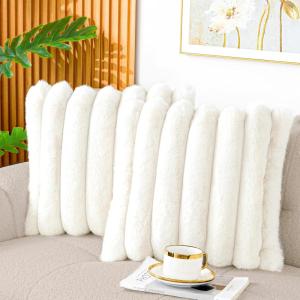 Touchat Pack of 2 Faux Fur Pillow Covers, 18×18 Inch Decorative Throw Pillow Covers with Hidden Zipper, Ultra Soft Couch Cushion Pillows Covers for Sofa/Bedroom Wide Stripe, Pink(Bubble Cream)