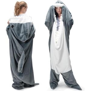 Touchat Shark Blanket for Adult Super Soft Cozy Flannel Wearable Blanket, Cartoon Animals Hoodie, Sleeping Bag Cosplay Costume Blanket Gifts for Shark Lovers (Pink Starfish, M)(Grey)