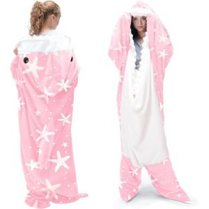 Touchat Shark Blanket for Adult Super Soft Cozy Flannel Wearable Blanket, Cartoon Animals Hoodie, Sleeping Bag Cosplay Costume Blanket Gifts for Shark Lovers (Pink Starfish, M)(Pstarfish)