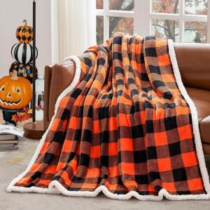 Touchat Sherpa Red and Black Buffalo Plaid Christmas Twin Blanket 60″ X 70″, Fuzzy Fluffy Soft Cozy Throw Blanket, Fleece Flannel Plush Microfiber Blanket for Couch Bed Sofa(Orange)