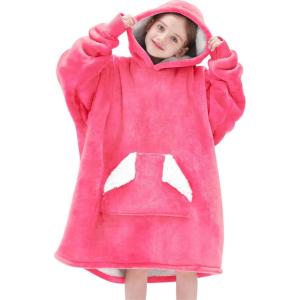 Touchat Wearable Blanket Hoodie, Oversized Sherpa Blanket Sweatshirt with Hood Pocket and Sleeves, Super Soft Warm Plush Hooded Blanket for Kids, One Size Fits All (Beige)(Pink)