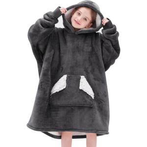 Touchat Wearable Blanket Hoodie, Oversized Sherpa Blanket Sweatshirt with Hood Pocket and Sleeves, Super Soft Warm Plush Hooded Blanket for Kids, One Size Fits All (Beige)(Grey)