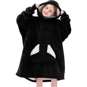 Touchat Wearable Blanket Hoodie, Oversized Sherpa Blanket Sweatshirt with Hood Pocket and Sleeves, Super Soft Warm Plush Hooded Blanket for Kids, One Size Fits All (Beige)(Black)