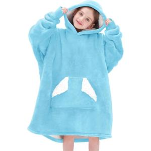 Touchat Wearable Blanket Hoodie, Oversized Sherpa Blanket Sweatshirt with Hood Pocket and Sleeves, Super Soft Warm Plush Hooded Blanket for Kids, One Size Fits All (Beige)(Blue)