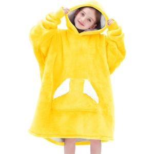 Touchat Wearable Blanket Hoodie, Oversized Sherpa Blanket Sweatshirt with Hood Pocket and Sleeves, Super Soft Warm Plush Hooded Blanket for Kids, One Size Fits All (Beige)(Butter Yellow)