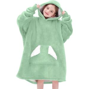 Touchat Wearable Blanket Hoodie, Oversized Sherpa Blanket Sweatshirt with Hood Pocket and Sleeves, Super Soft Warm Plush Hooded Blanket for Kids, One Size Fits All (Beige)(Light Green)