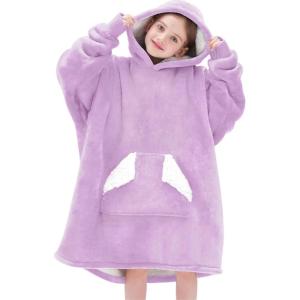 Touchat Wearable Blanket Hoodie, Oversized Sherpa Blanket Sweatshirt with Hood Pocket and Sleeves, Super Soft Warm Plush Hooded Blanket for Kids, One Size Fits All (Beige)(Purple)