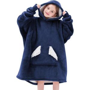 Touchat Wearable Blanket Hoodie, Oversized Sherpa Blanket Sweatshirt with Hood Pocket and Sleeves, Super Soft Warm Plush Hooded Blanket for Kids, One Size Fits All (Beige)(Navyblue02)