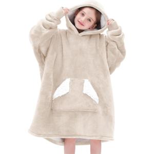 Touchat Wearable Blanket Hoodie, Oversized Sherpa Blanket Sweatshirt with Hood Pocket and Sleeves, Super Soft Warm Plush Hooded Blanket for Kids, One Size Fits All (Beige)(Beige)