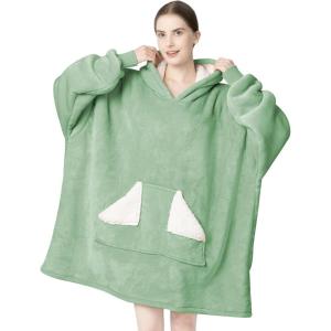 Touchat Wearable Blanket Hoodie, Oversized Sherpa Fleece Sweatshirt Blanket with Giant Hood Pocket and Sleeves for Adult, Warm & Cozy Grey Blanket Gifts for Women(Light Green)