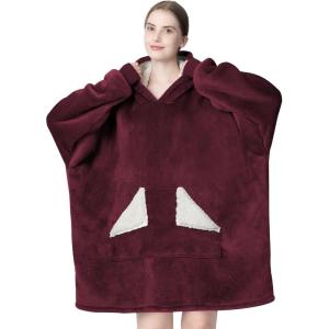 Touchat Wearable Blanket Hoodie, Oversized Sherpa Fleece Sweatshirt Blanket with Giant Hood Pocket and Sleeves for Adult, Warm & Cozy Grey Blanket Gifts for Women(Wine)