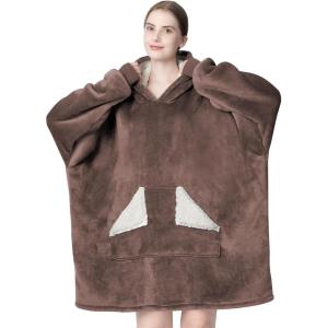Touchat Wearable Blanket Hoodie, Oversized Sherpa Fleece Sweatshirt Blanket with Giant Hood Pocket and Sleeves for Adult, Warm & Cozy Grey Blanket Gifts for Women(Brown)