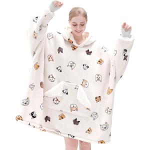 Touchat Wearable Blanket Hoodie, Oversized Sherpa Fleece Sweatshirt Blanket with Giant Hood Pocket and Sleeves for Adult, Warm & Cozy Grey Blanket Gifts for Women(White Animal)