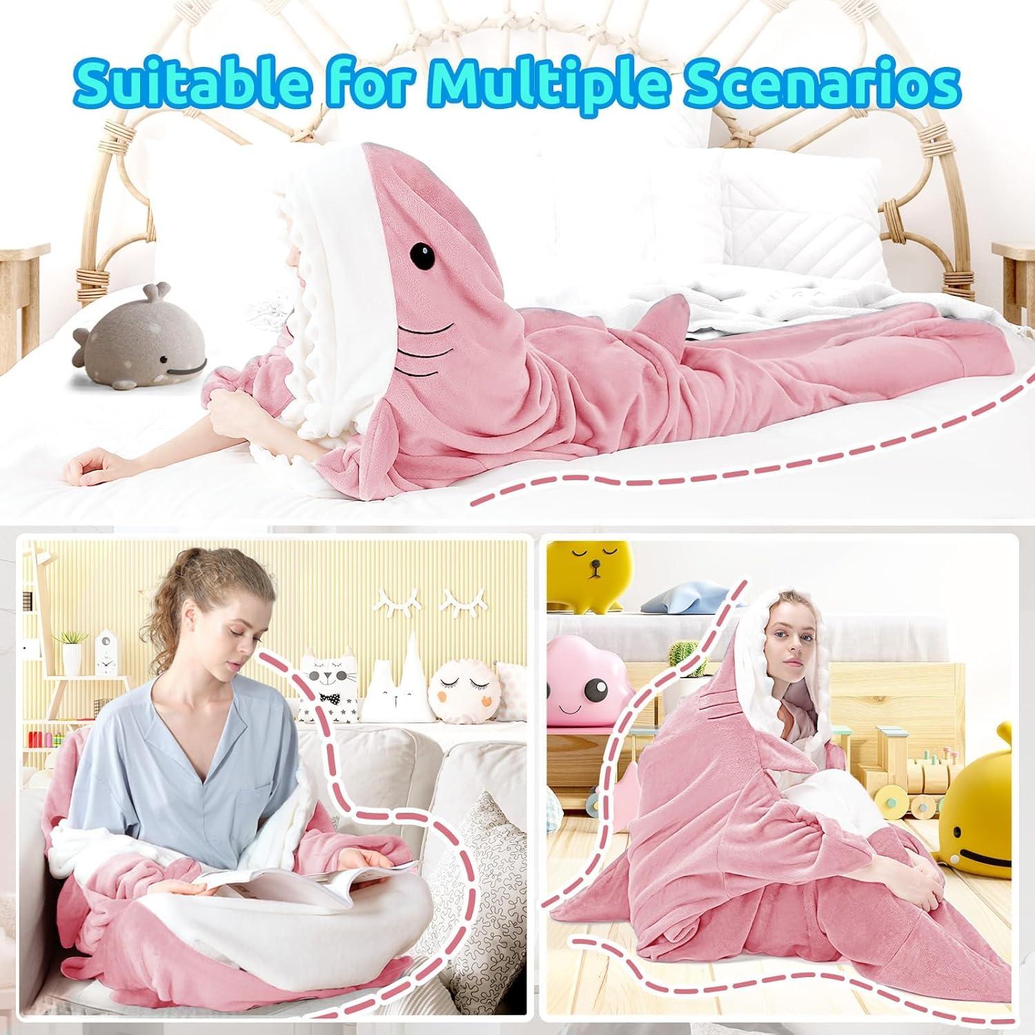 imageTouchat Shark Blanket Hoodie Onesie Wearable Blankets Hoodie Adult Warm Flannel Throw Blanket Tail Sleeping Bag Cartoon Costume Shark Onesie Funny Gifts for Adults PinkMPink