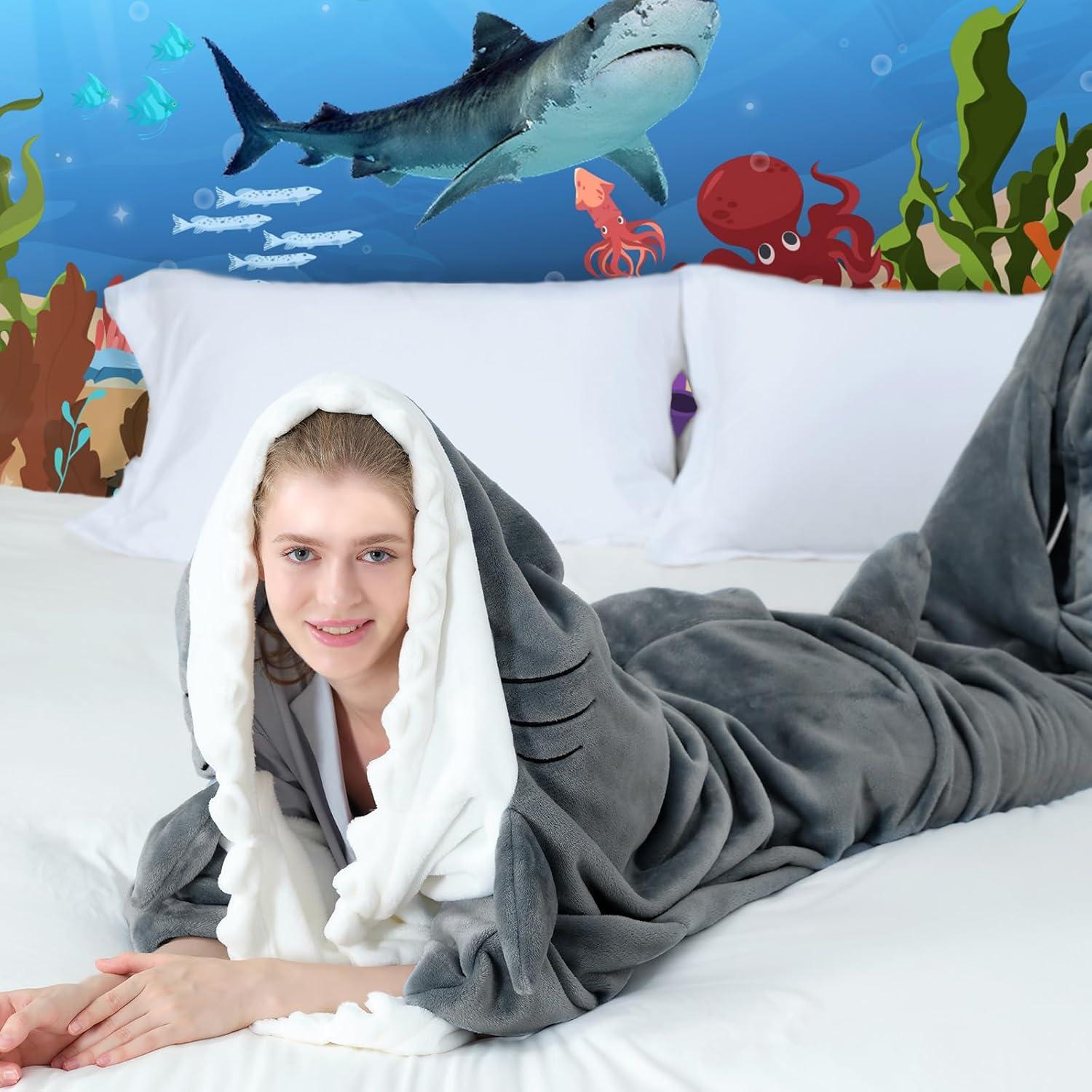 imageTouchat Shark Blanket Hoodie Onesie Wearable Blankets Hoodie Adult Warm Flannel Throw Blanket Tail Sleeping Bag Cartoon Costume Shark Onesie Funny Gifts for Adults PinkMGrey