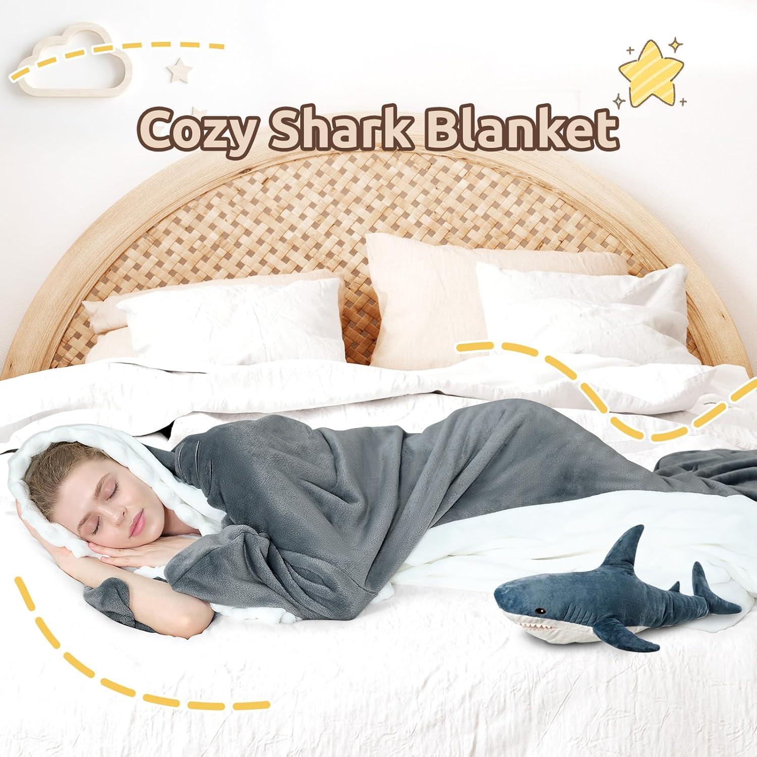 imageTouchat Shark Blanket Hoodie Onesie Wearable Blankets Hoodie Adult Warm Flannel Throw Blanket Tail Sleeping Bag Cartoon Costume Shark Onesie Funny Gifts for Adults PinkMGrey