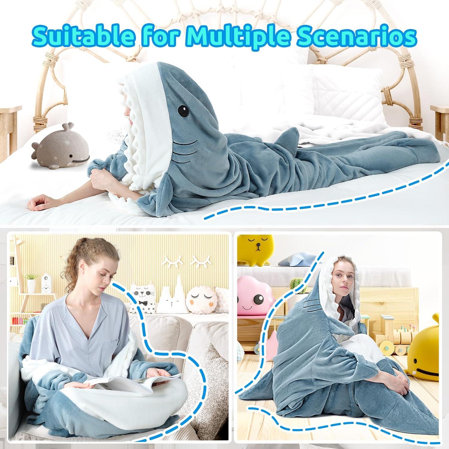 imageTouchat Shark Blanket Hoodie Onesie Wearable Blankets Hoodie Adult Warm Flannel Throw Blanket Tail Sleeping Bag Cartoon Costume Shark Onesie Funny Gifts for Adults PinkMBlue