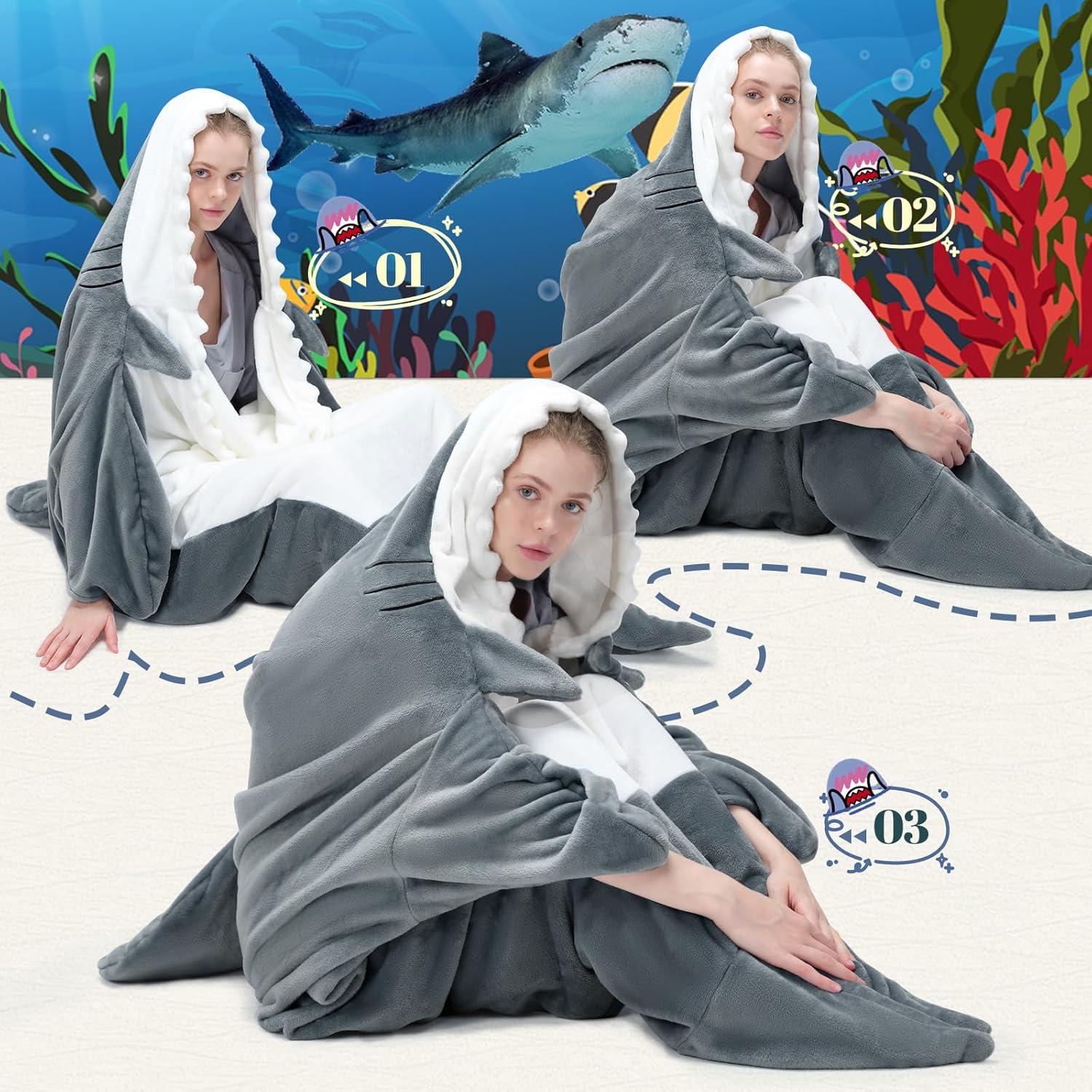 imageTouchat Shark Blanket Hoodie Onesie Wearable Blankets Hoodie Adult Warm Flannel Throw Blanket Tail Sleeping Bag Cartoon Costume Shark Onesie Funny Gifts for Adults PinkMGrey