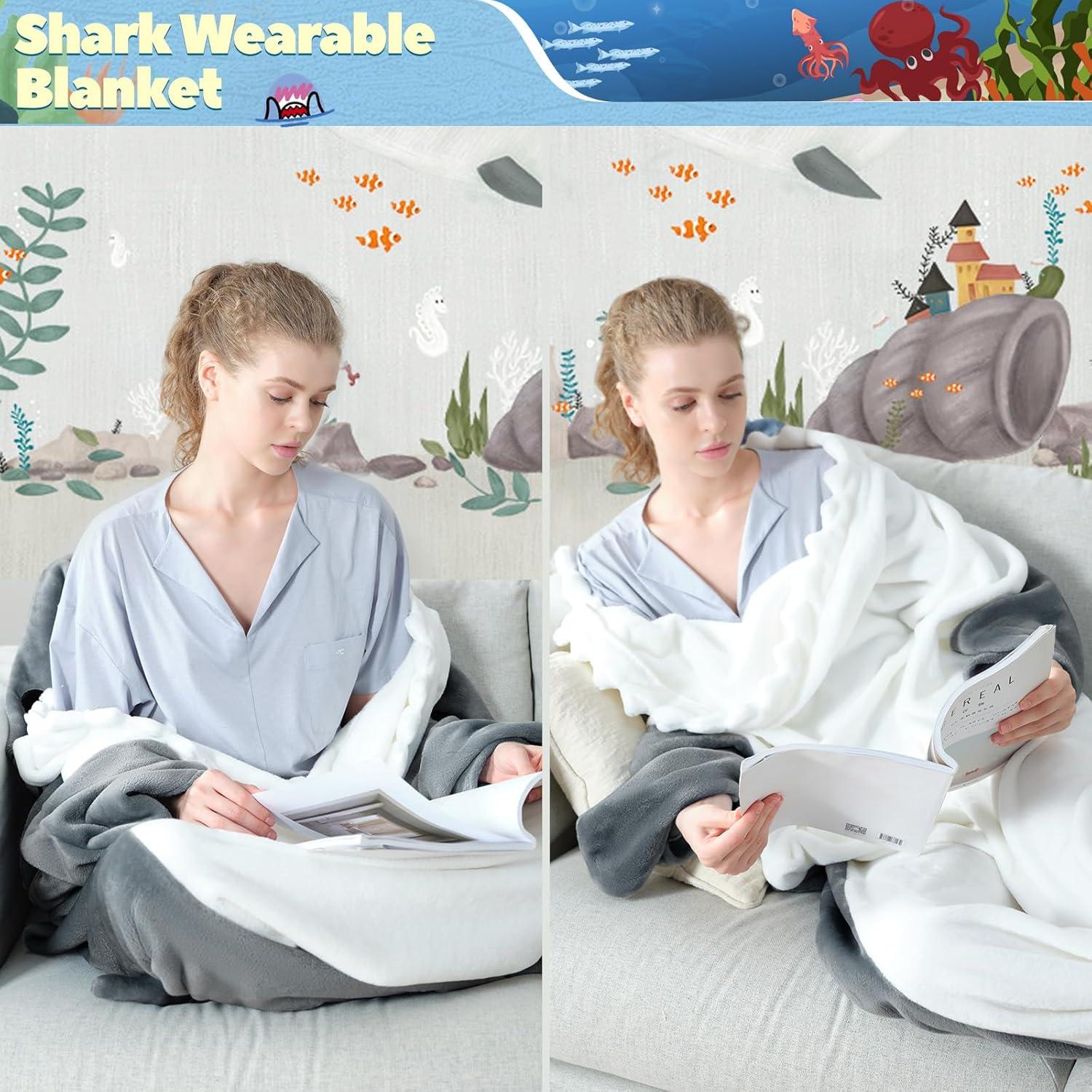 imageTouchat Shark Blanket Hoodie Onesie Wearable Blankets Hoodie Adult Warm Flannel Throw Blanket Tail Sleeping Bag Cartoon Costume Shark Onesie Funny Gifts for Adults PinkMGrey