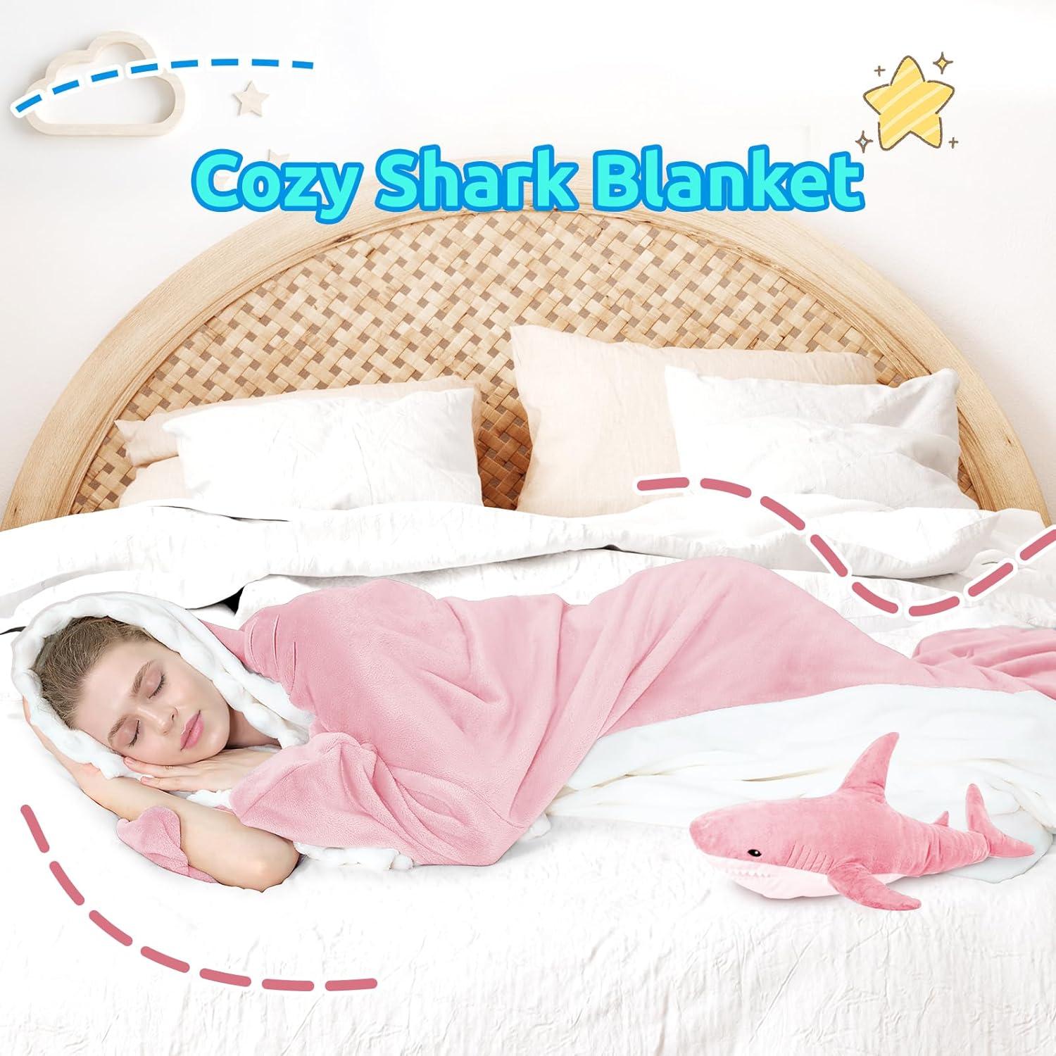 imageTouchat Shark Blanket Hoodie Onesie Wearable Blankets Hoodie Adult Warm Flannel Throw Blanket Tail Sleeping Bag Cartoon Costume Shark Onesie Funny Gifts for Adults PinkMPink