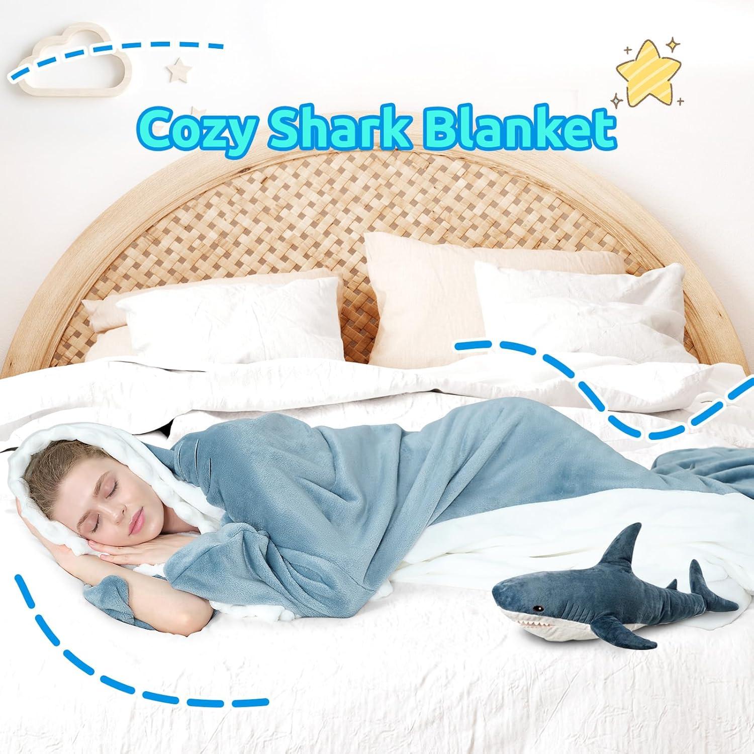 imageTouchat Shark Blanket Hoodie Onesie Wearable Blankets Hoodie Adult Warm Flannel Throw Blanket Tail Sleeping Bag Cartoon Costume Shark Onesie Funny Gifts for Adults PinkMBlue