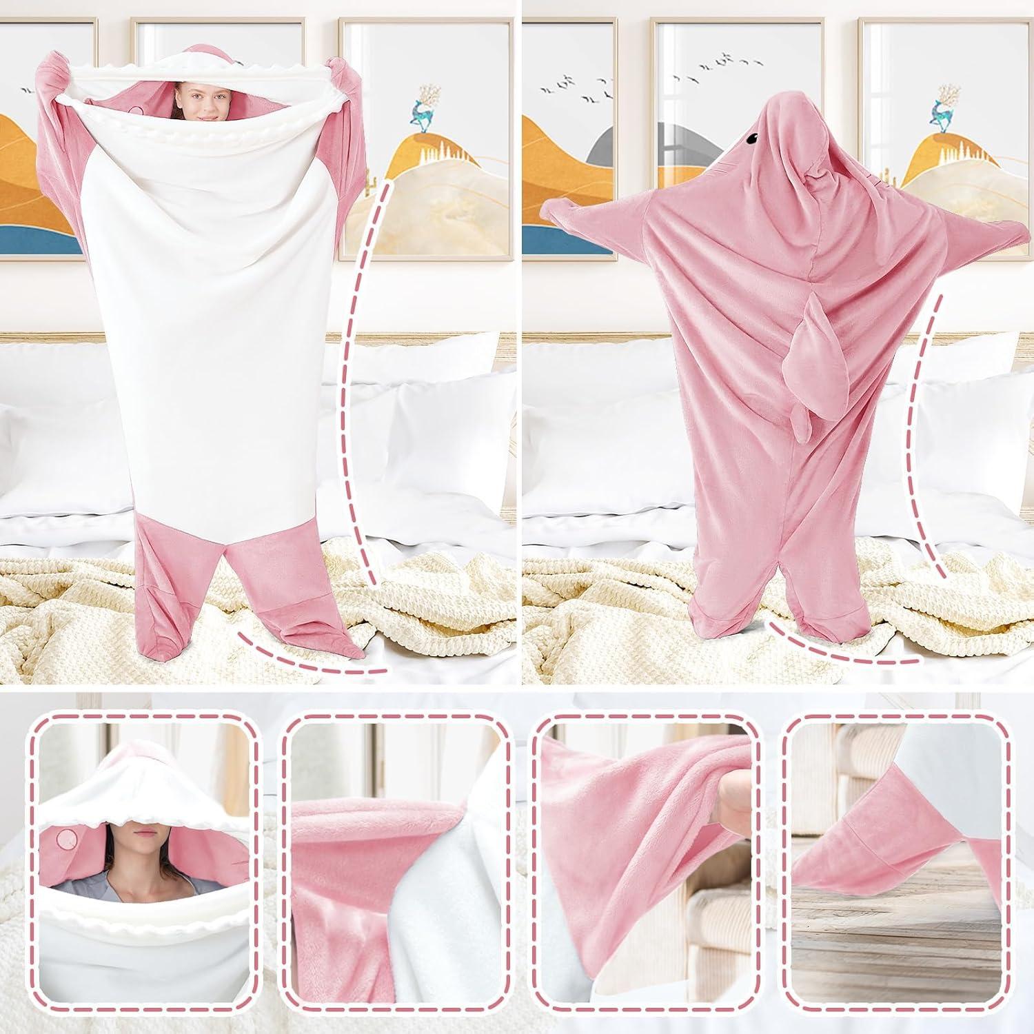 imageTouchat Shark Blanket Hoodie Onesie Wearable Blankets Hoodie Adult Warm Flannel Throw Blanket Tail Sleeping Bag Cartoon Costume Shark Onesie Funny Gifts for Adults PinkMPink