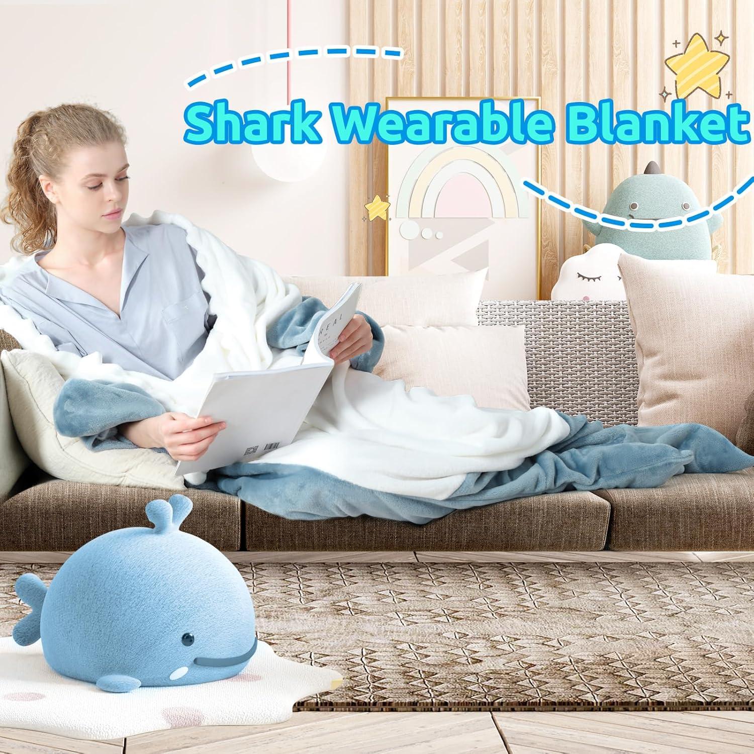 imageTouchat Shark Blanket Hoodie Onesie Wearable Blankets Hoodie Adult Warm Flannel Throw Blanket Tail Sleeping Bag Cartoon Costume Shark Onesie Funny Gifts for Adults PinkMBlue