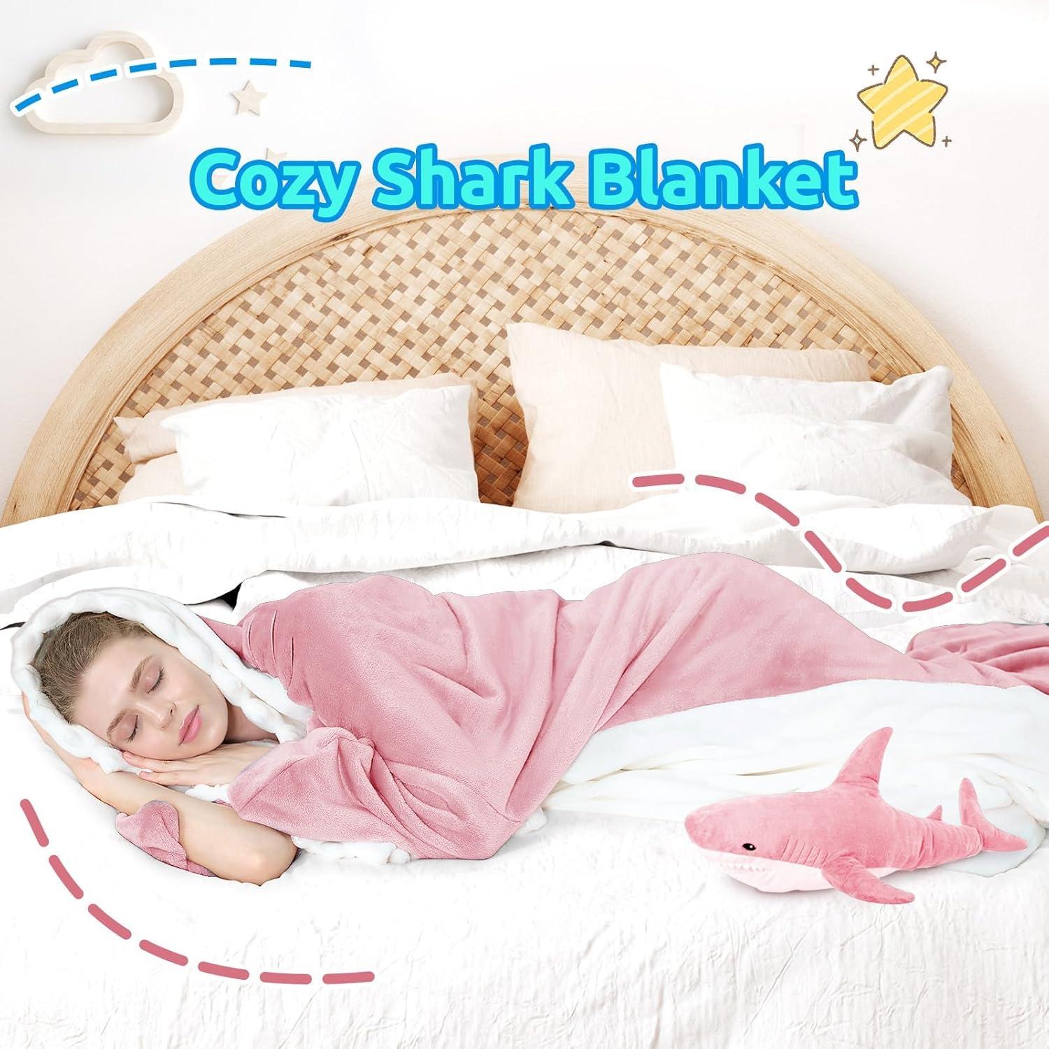 imageTouchat Shark Blanket Hoodie Onesie Wearable Blankets Hoodie Adult Warm Flannel Throw Blanket Tail Sleeping Bag Cartoon Costume Shark Onesie Funny Gifts for Adults PinkMPink
