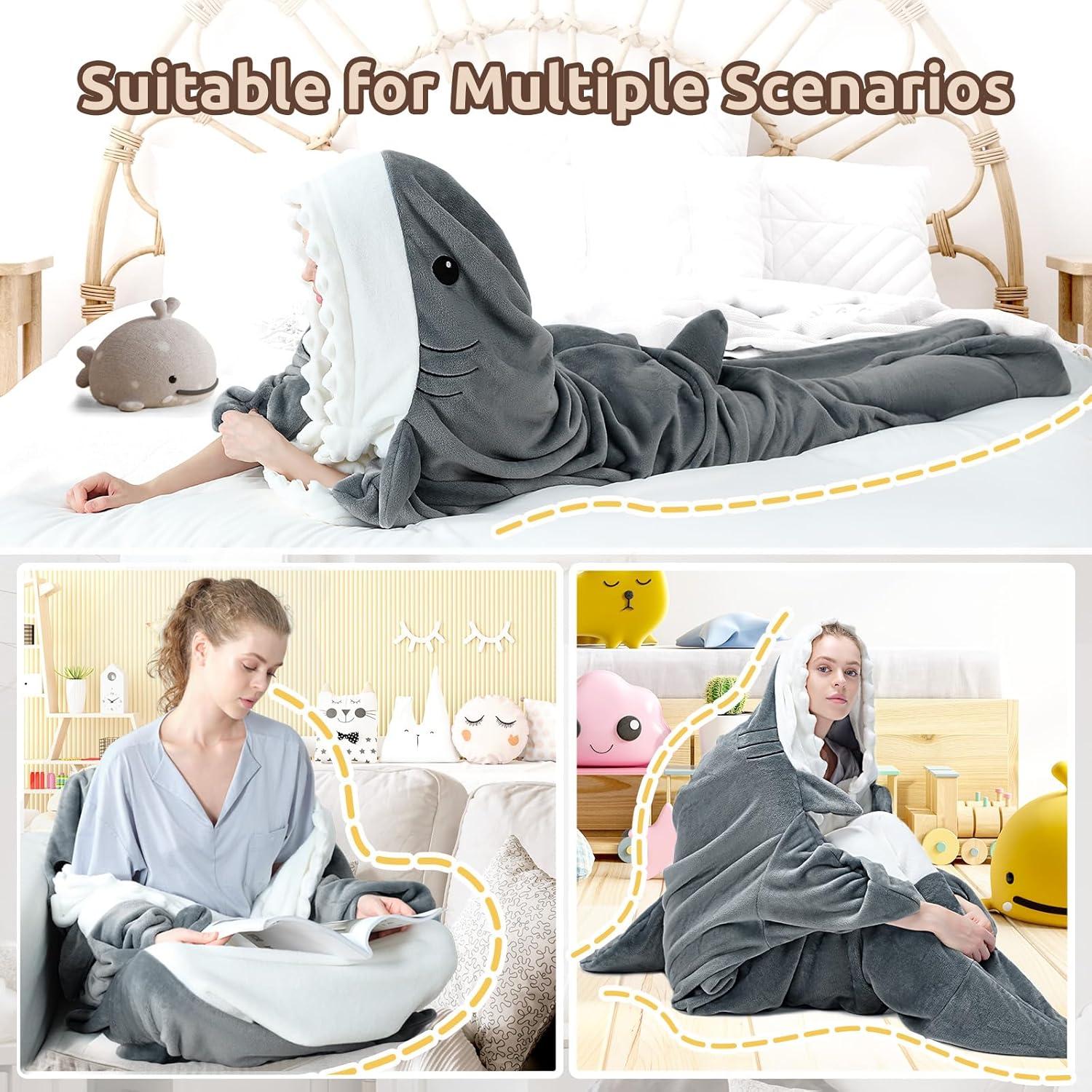 imageTouchat Shark Blanket Hoodie Onesie Wearable Blankets Hoodie Adult Warm Flannel Throw Blanket Tail Sleeping Bag Cartoon Costume Shark Onesie Funny Gifts for Adults PinkMGrey